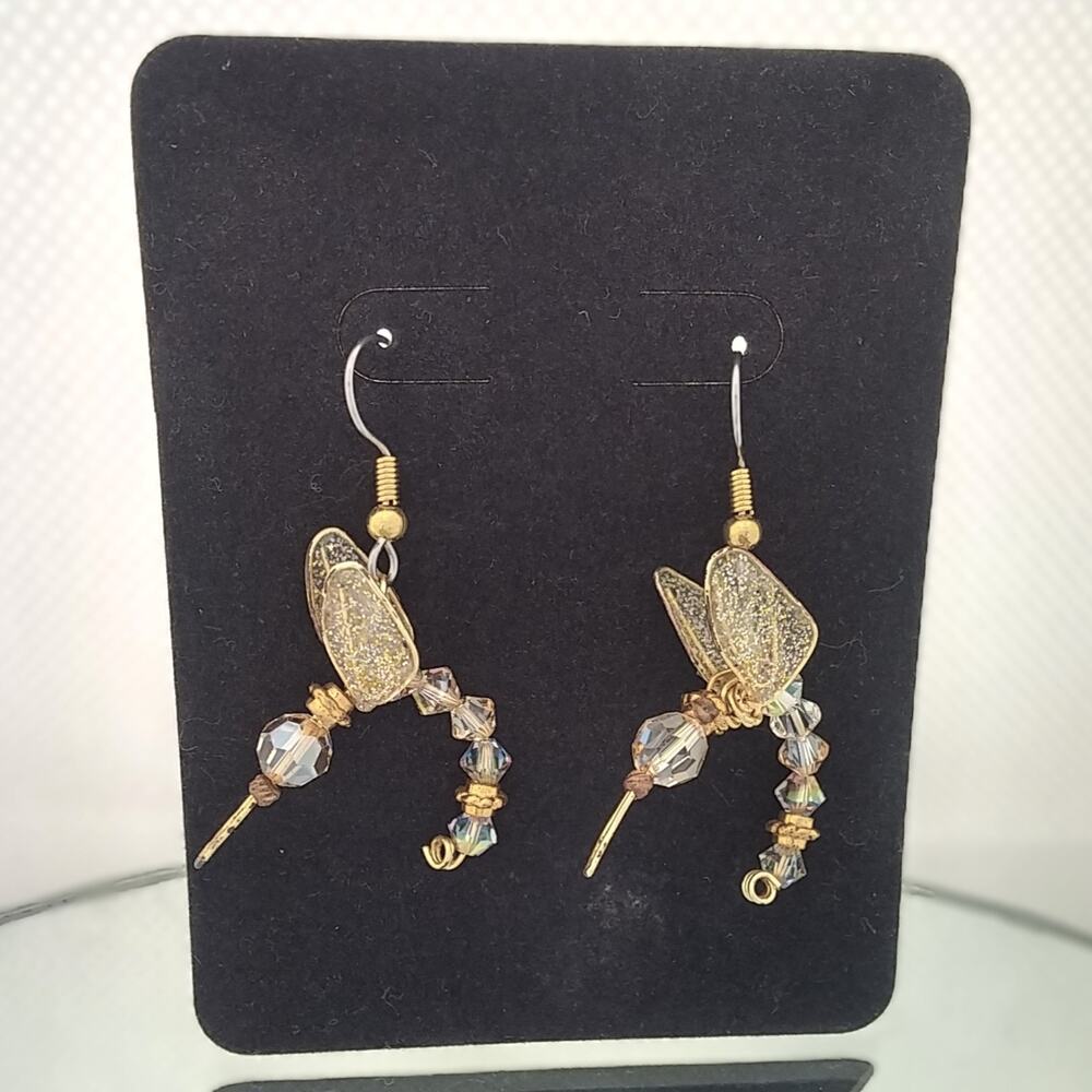 Artisan Made Whimsical Hummingbird Earrings Champagne Crystals Gold Tone RARE